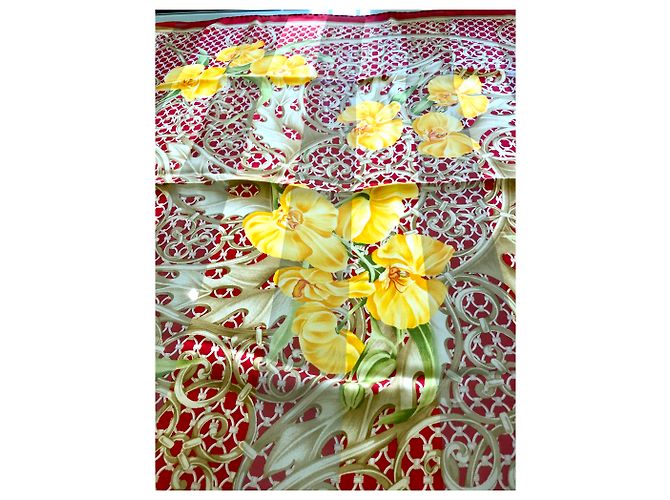 Sciarpa Christian Dior in seta rossa e gialla con motivo floreale Rosso Giallo - vista 9