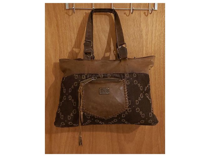 Borsa tote Dolce & Gabbana in pelle e velluto a coste marrone - vista 4