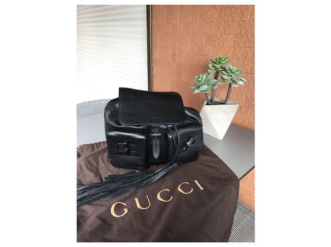 Gucci Black Leader Bamboo Leather Backpack - view 4