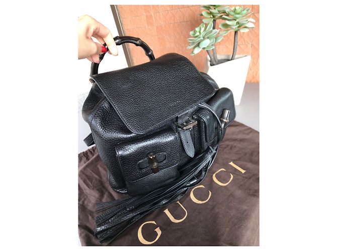 Gucci Black Leader Bamboo Leather Backpack - view 5