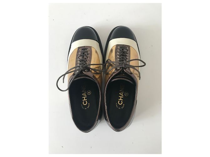 Chanel Derby Brogue Schnürschuhe Braun Schwarz Golden Creme - Ansicht 11