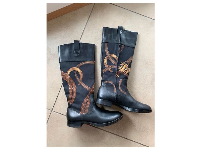 Botas Ralph Lauren de couro e tecido pretas Preto - vista 4