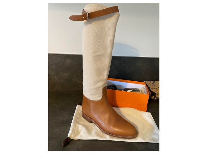 Hermès Bardigiano Stiefel Leder und H Panama Canvas caramel Karamell - Ansicht 2