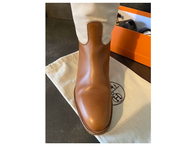 Hermès Bardigiano Stiefel Leder und H Panama Canvas caramel Karamell - Ansicht 3