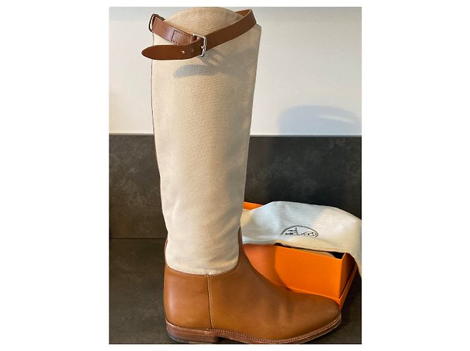 Hermès Bardigiano Stiefel Leder und H Panama Canvas caramel Karamell - Ansicht 4