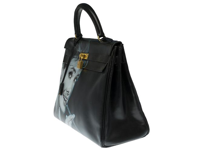 Hermès Bella borsa Hermes Kelly 35 in pelle box nera personalizzata "Audrey Hepburn" Nero - vista 3