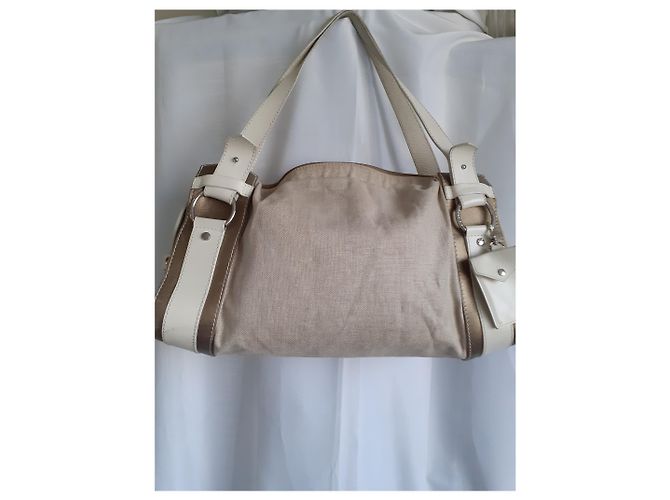 Borsa da viaggio Lancel Weekend beige in lino e pelle - vista 4