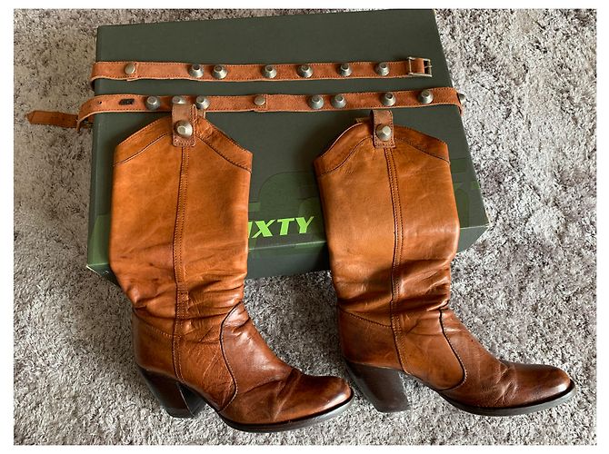 Miss Sixty boots in light brown leather / camel, medium-high, with removable chain - view 7