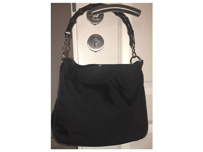 Borsa Gucci GG Hobo Bamboo in pelle e nylon nera Nero Silver hardware - vista 20