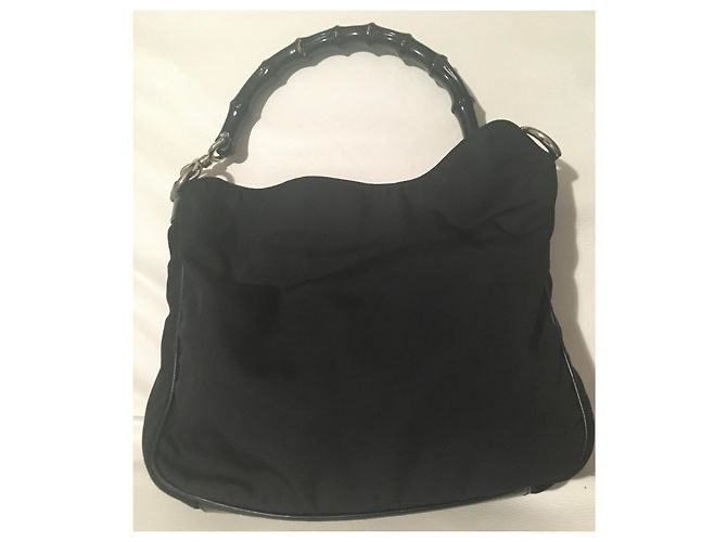 Borsa Gucci GG Hobo Bamboo in pelle e nylon nera Nero Silver hardware - vista 3