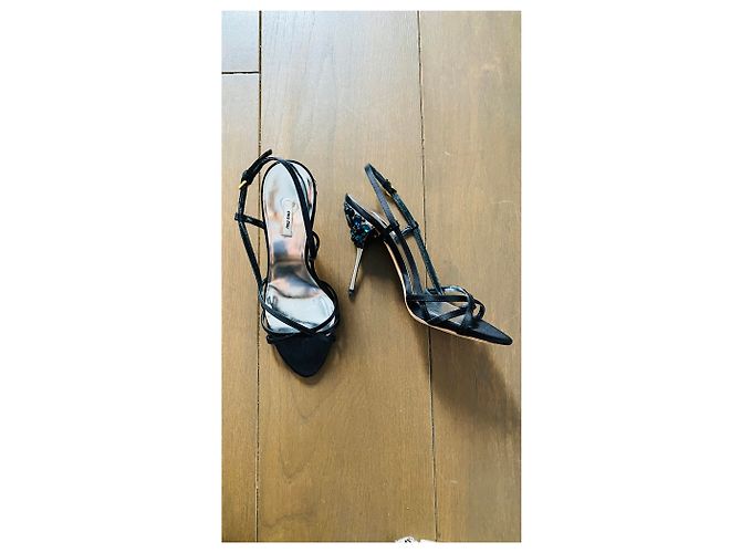 Sandali da sera Miu Miu con dettagli in pietra nero blu scuro raso - vista 12