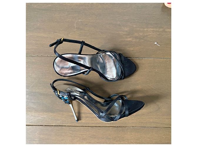 Sandali da sera Miu Miu con dettagli in pietra nero blu scuro raso - vista 15
