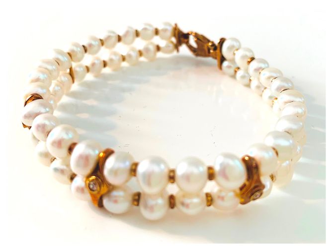 Autre Marque Bracciale manchette in oro giallo con perle Akoya e diamanti Bianco Gold hardware - vista 10