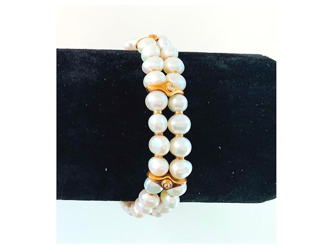Autre Marque Bracciale manchette in oro giallo con perle Akoya e diamanti Bianco Gold hardware - vista 2