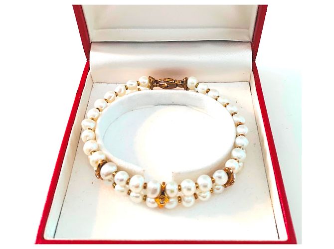 Autre Marque Bracciale manchette in oro giallo con perle Akoya e diamanti Bianco Gold hardware - vista 6