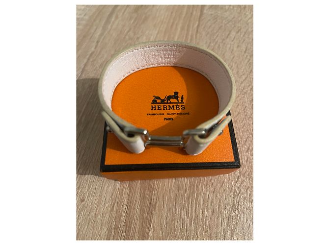 Pulseira Hermès de couro com fivela H prateada Tamanho L Branco - vista 3