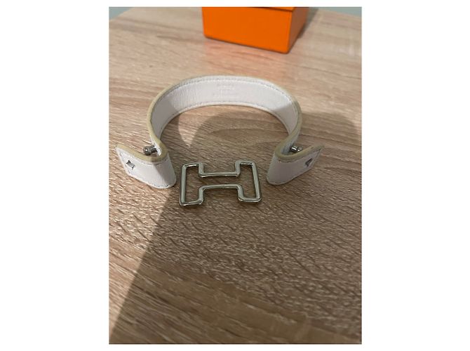 Pulseira Hermès de couro com fivela H prateada Tamanho L Branco - vista 5