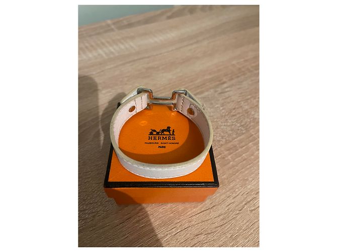 Pulseira Hermès de couro com fivela H prateada Tamanho L Branco - vista 6