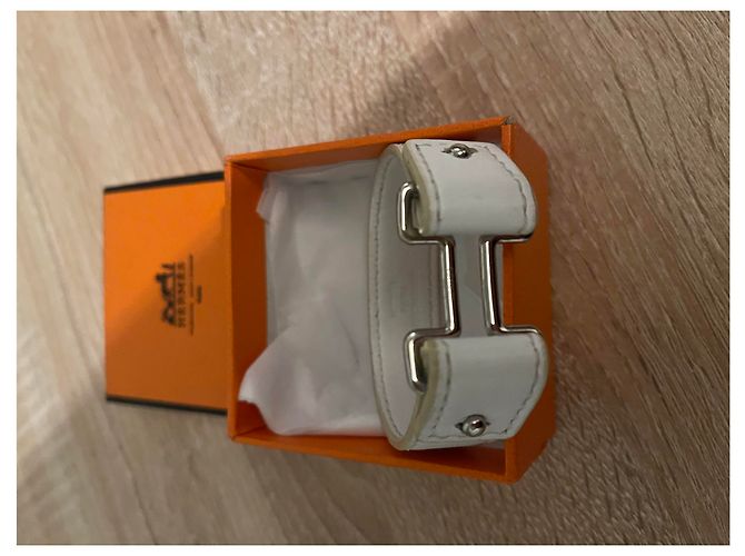 Pulseira Hermès de couro com fivela H prateada Tamanho L Branco - vista 8