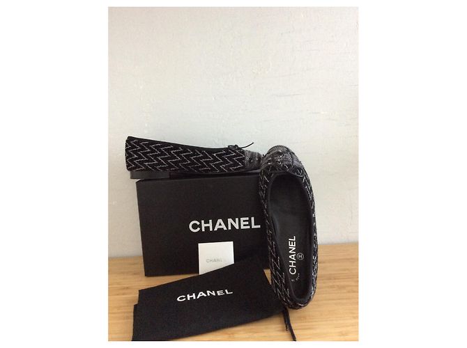 Cambon Chanel Ballerine in Tweed Nero e Argentato Argento - vista 2