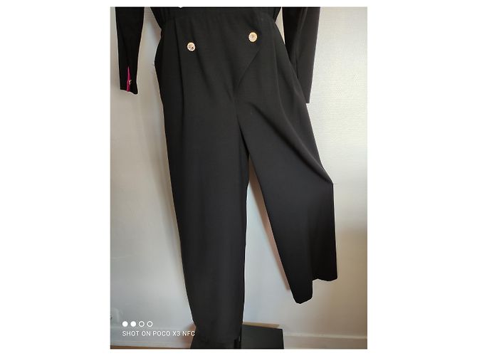 Louis Féraud Jumpsuit aus schwarzer Wolle mit rosa Satin - Ansicht 3