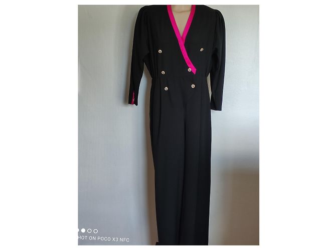 Louis Féraud Jumpsuit aus schwarzer Wolle mit rosa Satin - Ansicht 7