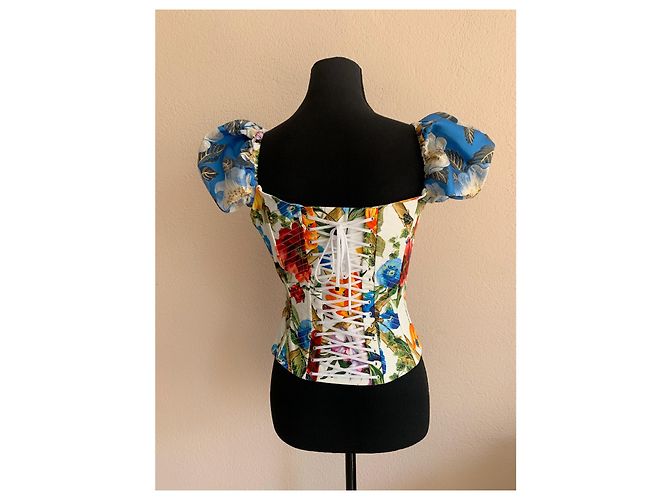 Dolce & Gabbana Top Corset Curto Floral Branco com Mangas Bufantes - vista 11