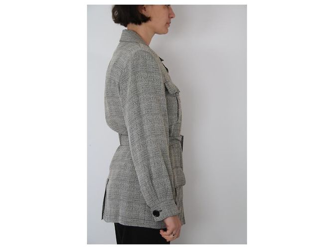 Yves Saint Laurent Lange Gürteljacke Grau Weiß - Ansicht 2