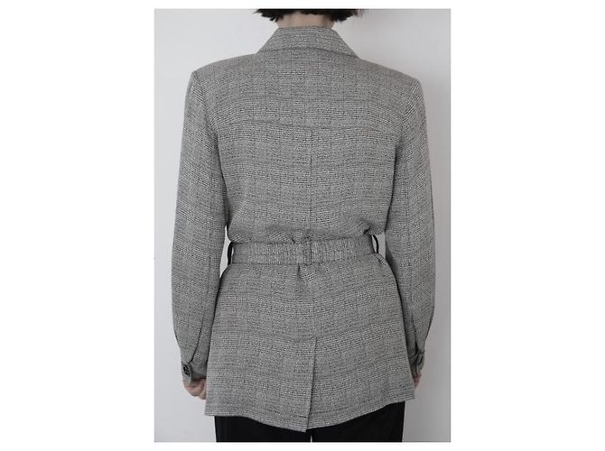 Yves Saint Laurent Lange Gürteljacke Grau Weiß - Ansicht 3