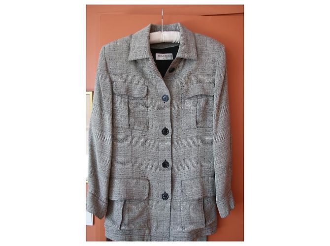 Yves Saint Laurent Lange Gürteljacke Grau Weiß - Ansicht 5
