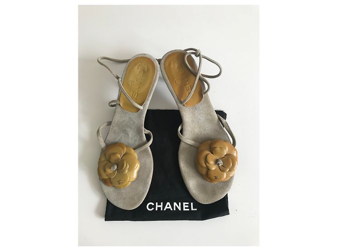 Chanel Sandali infradito camelie in camoscio Grigio Senape - vista 18