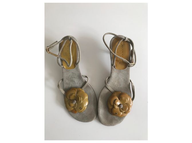 Chanel Sandali infradito camelie in camoscio Grigio Senape - vista 5