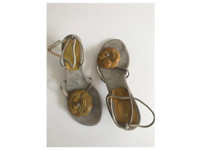 Chanel Sandali infradito camelie in camoscio Grigio Senape - vista 6