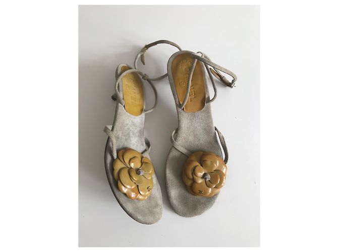 Chanel Sandali infradito camelie in camoscio Grigio Senape - vista 7