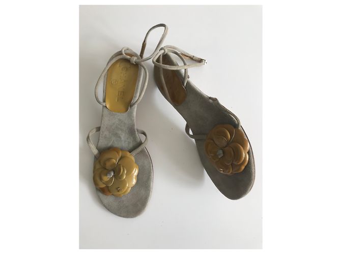 Chanel Sandali infradito camelie in camoscio Grigio Senape - vista 8