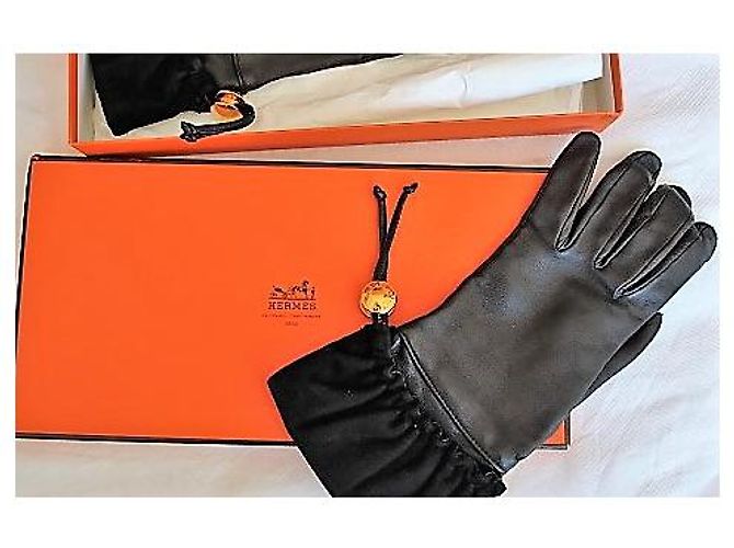 Hermès Lammfell und Hirschleder Handschuhe Schwarz - Ansicht 2