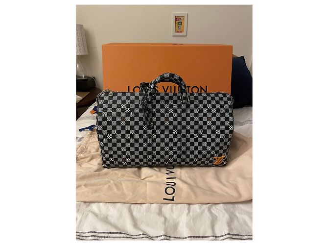 Louis Vuitton Keepall Virgil Abloh Damier ha distorto Nero Bianco Arancione - vista 2