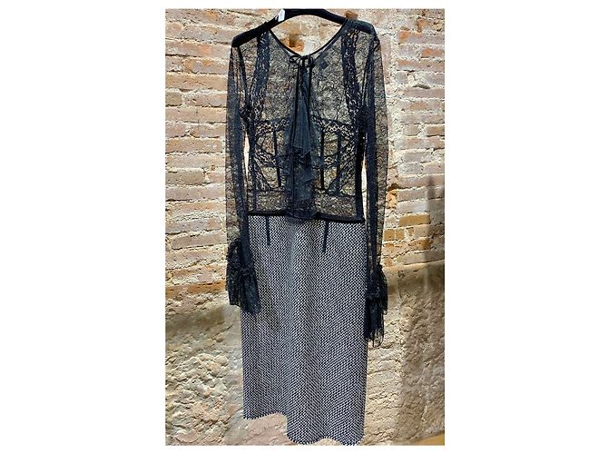 Louis Vuitton Midi Kleid schwarz weiß grau Baumwolle Wolle - Ansicht 2