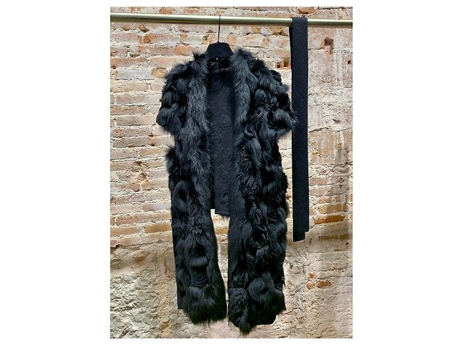 Autre Marque Carmen Marc Valvo Cappotto in Cashmere e Vera Pelliccia Nero - vista 5