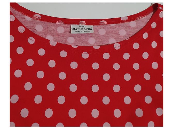 Vestido Marimekko de Bolinhas Vermelhas e Brancas de Algodão Branco Vermelho - vista 5