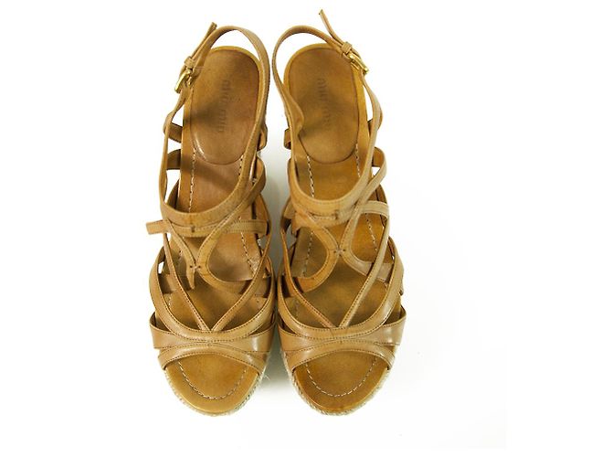 Miu Miu Tan Cuir Jute Talon Compensé Sandale Plateforme Chaussures Espadrilles SZ 41 - vue 2