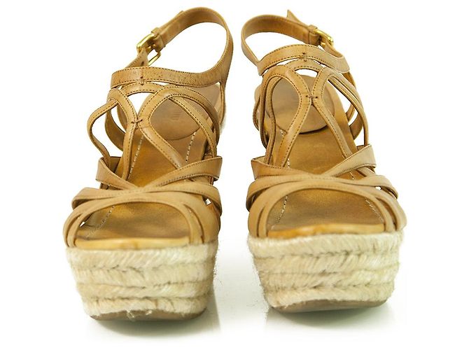 Miu Miu Tan Cuir Jute Talon Compensé Sandale Plateforme Chaussures Espadrilles SZ 41 - vue 6