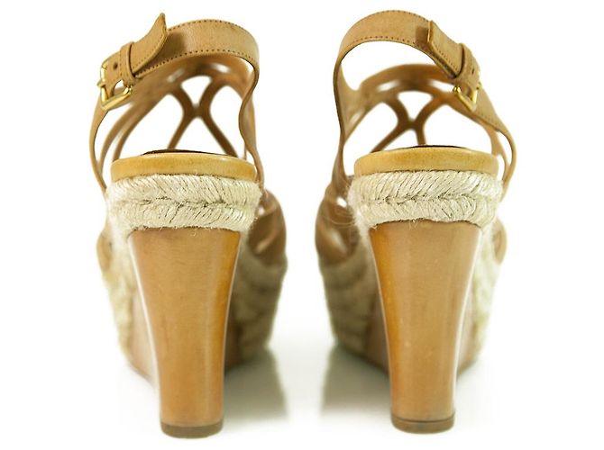 Miu Miu Tan Cuir Jute Talon Compensé Sandale Plateforme Chaussures Espadrilles SZ 41 - vue 7