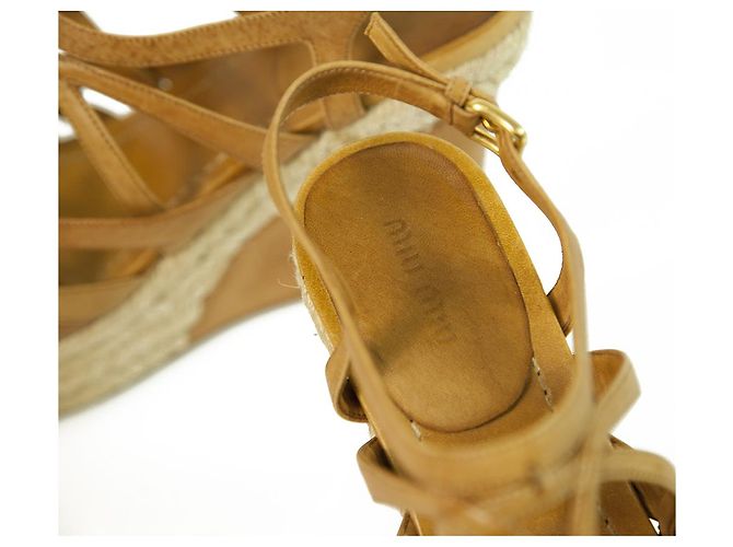 Miu Miu Tan Cuir Jute Talon Compensé Sandale Plateforme Chaussures Espadrilles SZ 41 - vue 8