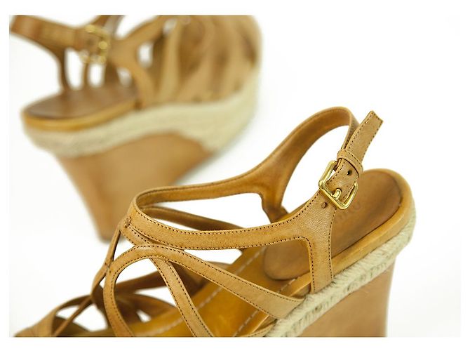 Miu Miu Tan Cuir Jute Talon Compensé Sandale Plateforme Chaussures Espadrilles SZ 41 - vue 9