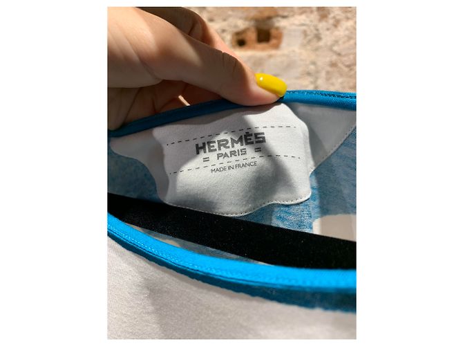 Maglietta Hermès in cotone bianca e blu Bianco - vista 4