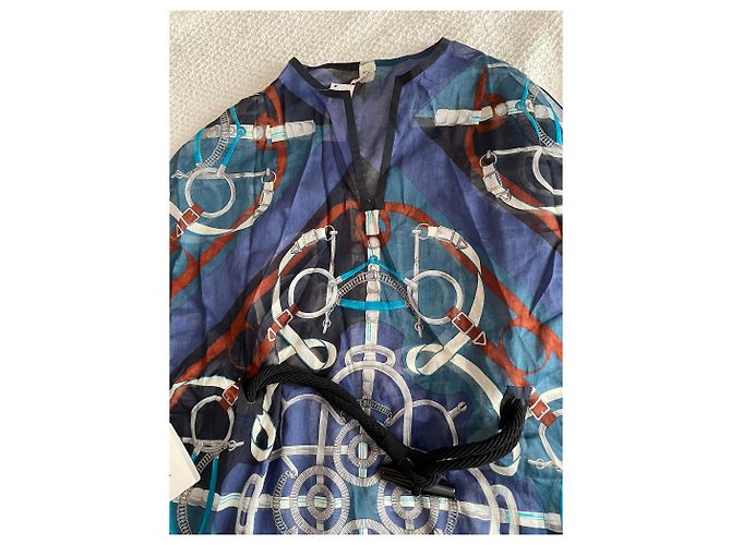 Abito Hermès plage con scollo a U e sperone dorato su cotone Blu - vista 3