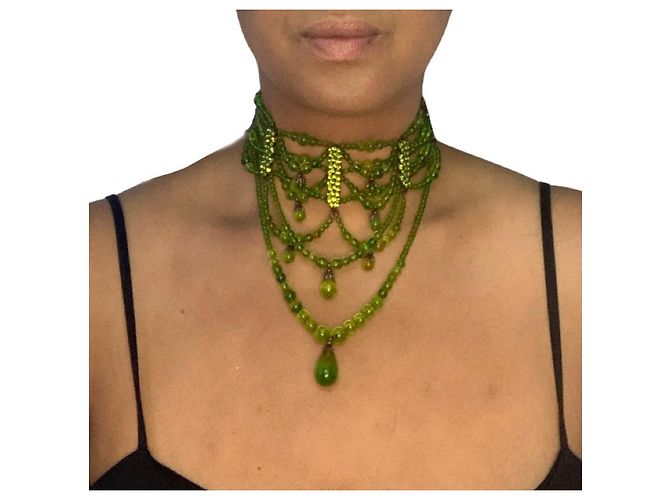 Girocollo Christian Dior con perline in metallo verde - vista 2