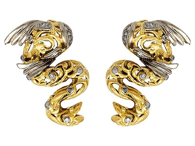 Orecchini Zolotas "Fish" in oro giallo, platino e diamanti. - vista 6
