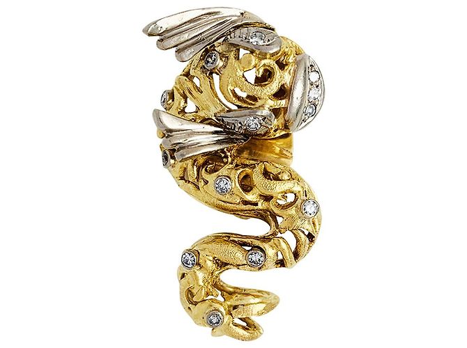 Orecchini Zolotas "Fish" in oro giallo, platino e diamanti. - vista 7